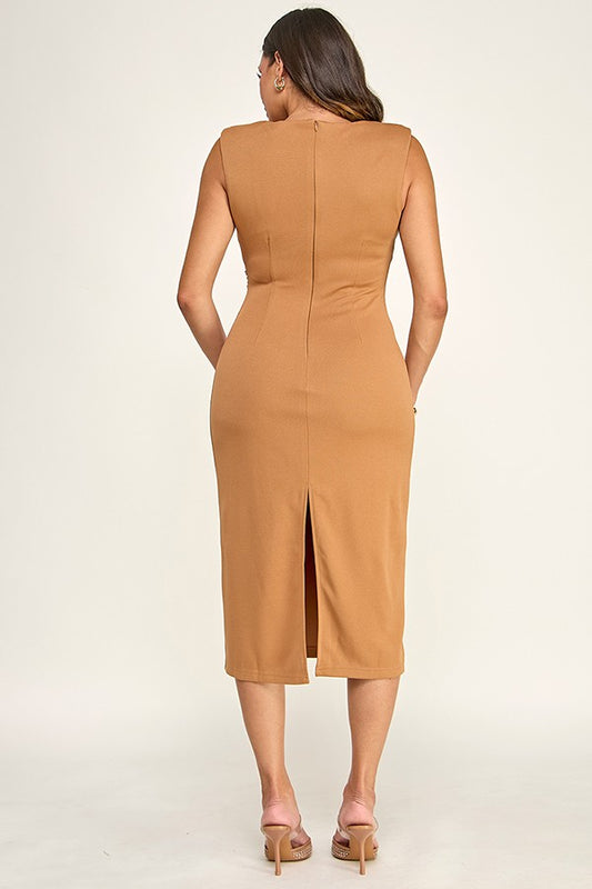 Vestido Midi con Hombreras - Mocha