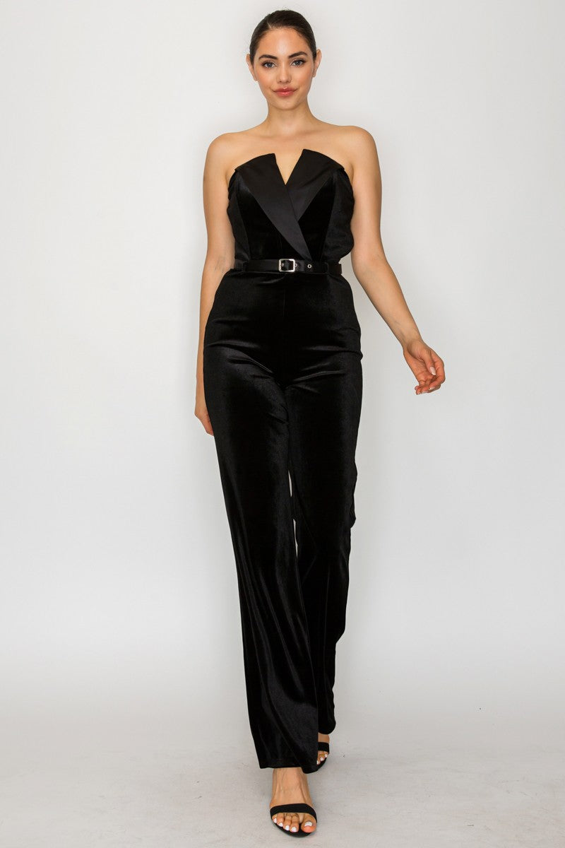 Jumpsuit Strapless con Solapa Cruzada y Cinturón - Negro