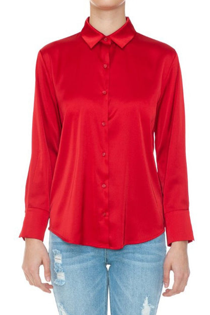 Camisa de Satín Manga Larga - Rojo