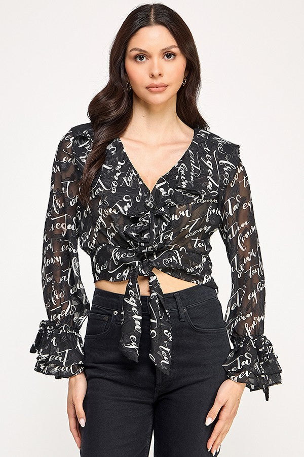 Blusa Estampada con Olanes y Amarre - Negro
