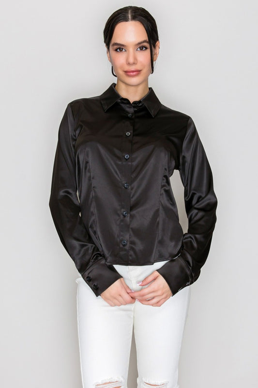 Blusa de Satín Manga Larga color Negro - HMT57339