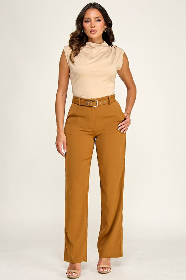 Pantalón Recto con Cinturón - Camel