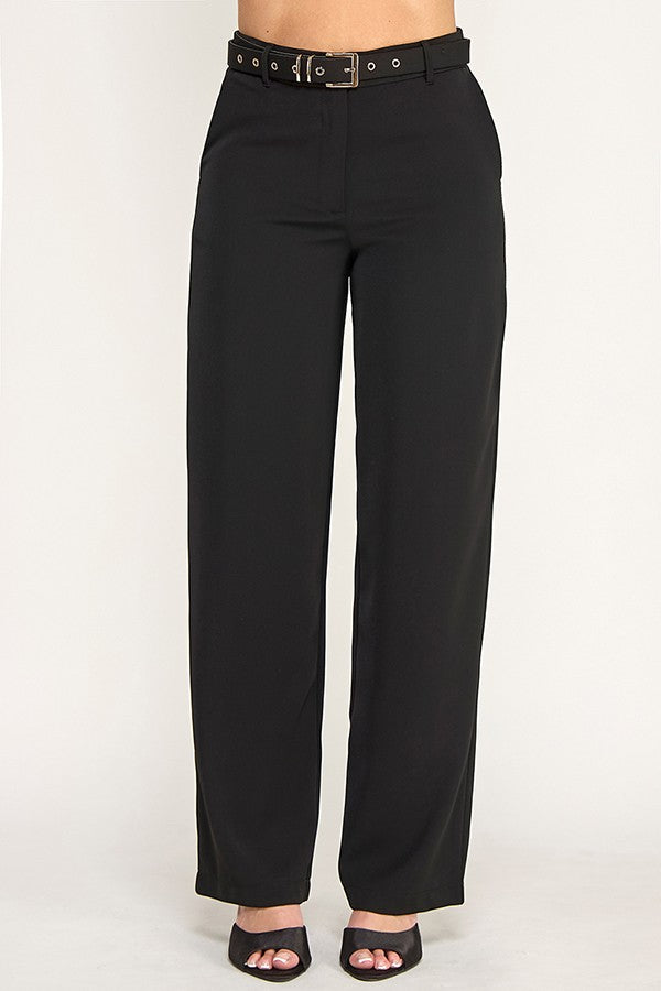 Pantalón Recto con Cinturón - Negro