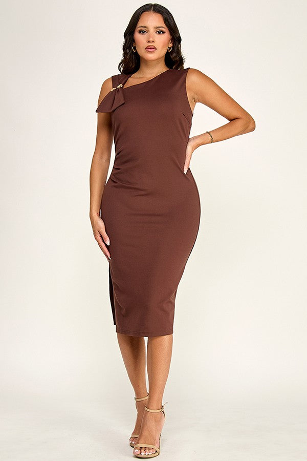 Vestido Midi Ponte con Plisado - Café