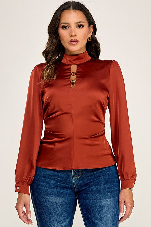 Top Cuello Alto con Abertura y Cuentas Doradas - Café