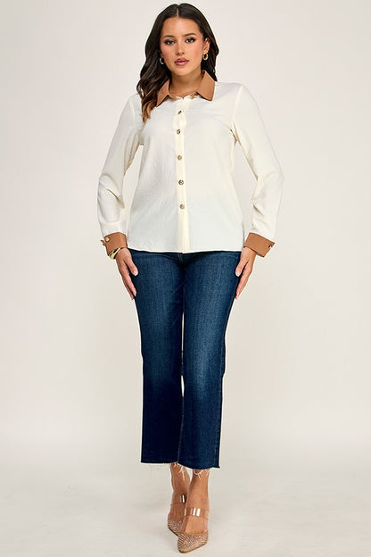 Blusa en Contraste con Botones Dorados - Marfil/Mocha