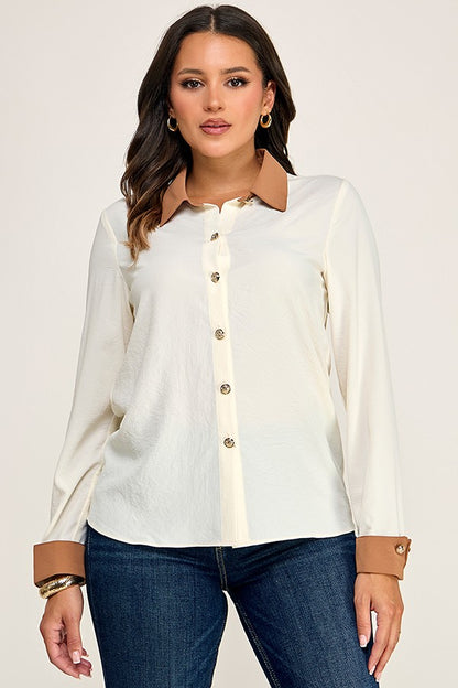 Blusa en Contraste con Botones Dorados - Marfil/Mocha