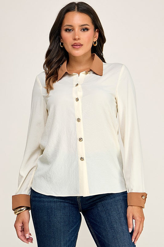 Blusa en Contraste con Botones Dorados - Marfil/Mocha