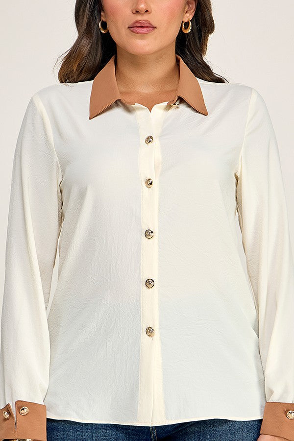 Blusa en Contraste con Botones Dorados - Marfil/Mocha