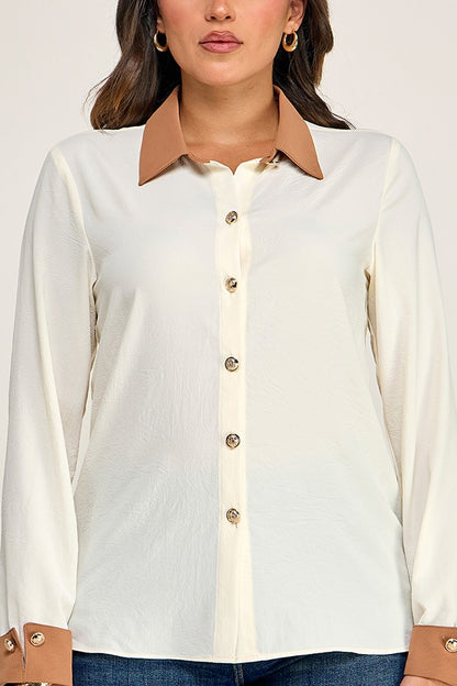 Blusa en Contraste con Botones Dorados - Marfil/Mocha