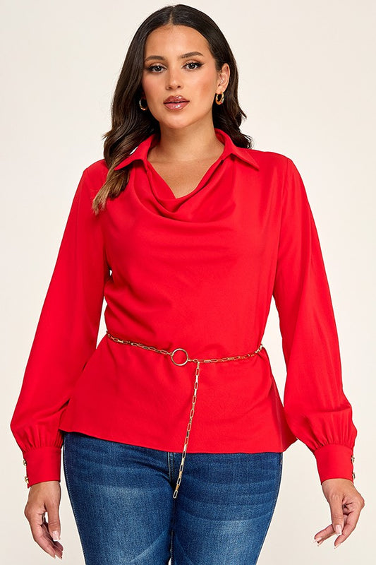 Top Cuello Drapeado con Cinturón de Cadena - Rojo