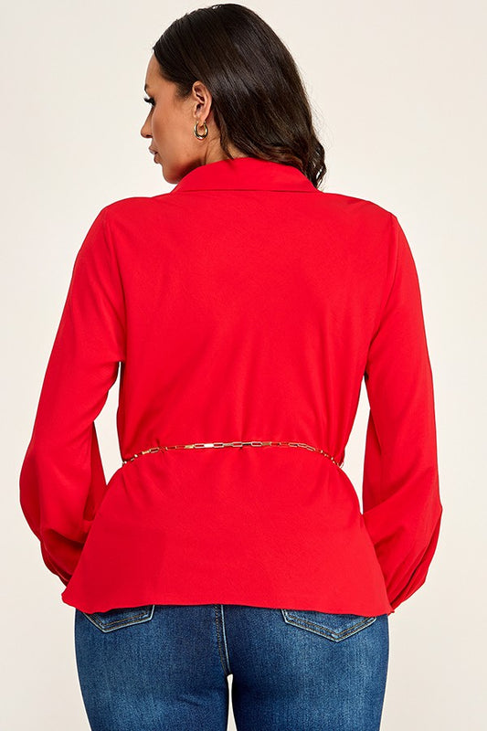 Top Cuello Drapeado con Cinturón de Cadena - Rojo