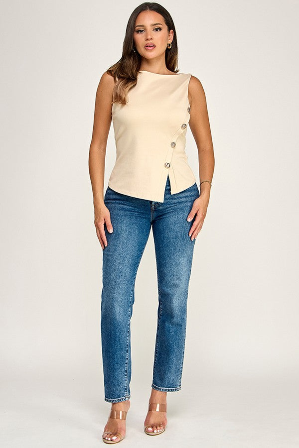Top Ponte Cuello Barco con Botones Laterales - Champagne