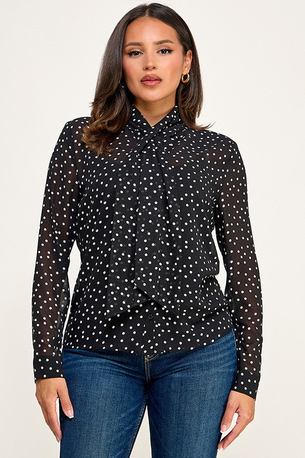 Blusa de Chiffon con Lazo al Cuello - Negro