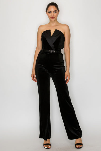 Jumpsuit Strapless con Solapa Cruzada y Cinturón - Negro