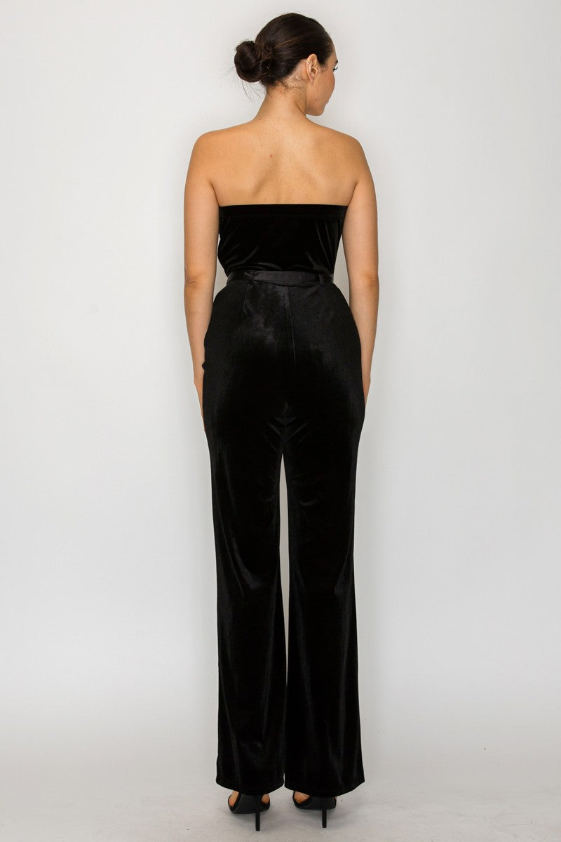 Jumpsuit Strapless con Solapa Cruzada y Cinturón - Negro