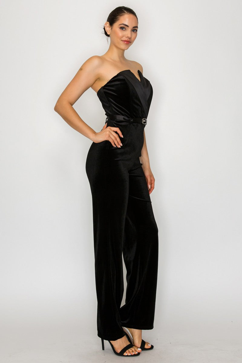 Jumpsuit Strapless con Solapa Cruzada y Cinturón - Negro