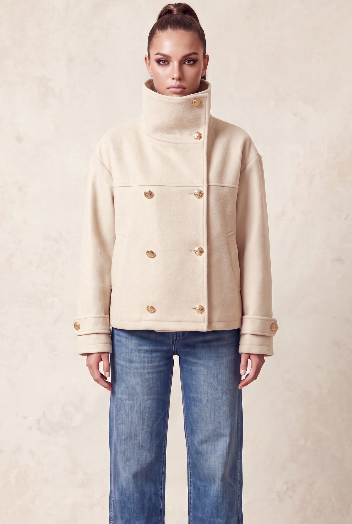 Chamarra Cuello Alto Cruzado color Crema - HMJ21522
