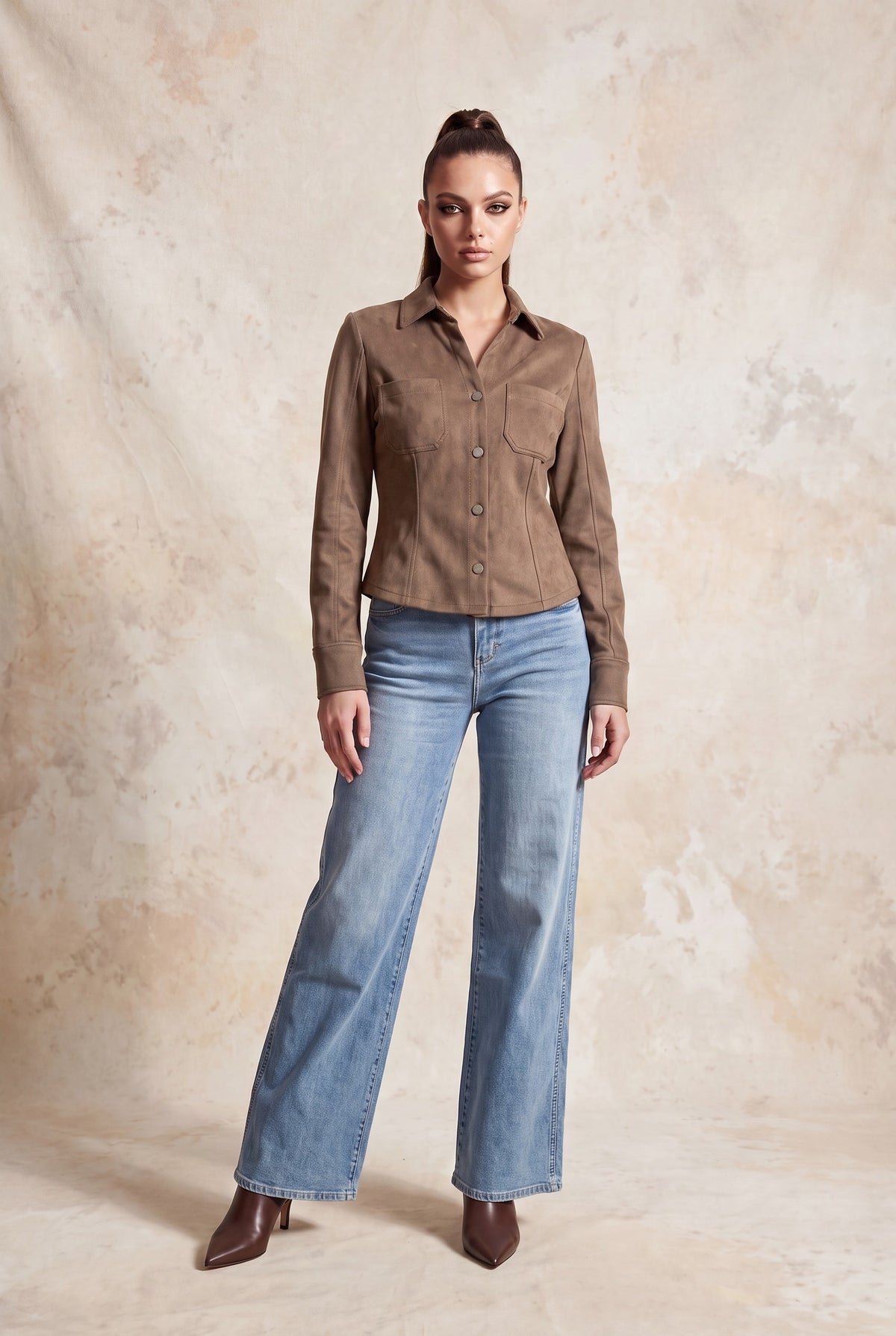 Camisa Entallada de Gamuza Sintética - Taupe