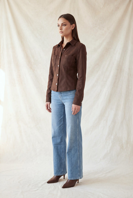 Camisa Entallada de Gamuza Sintética - Café oscuro
