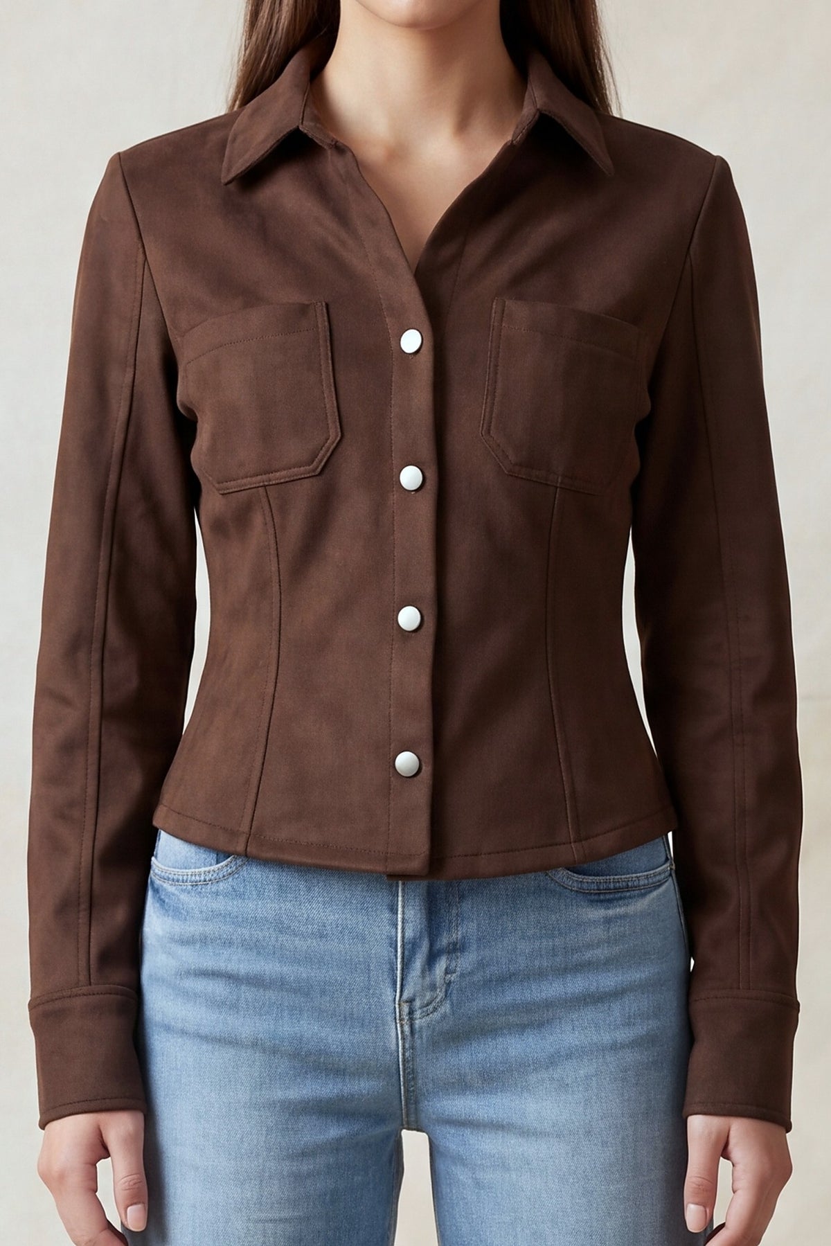 Camisa Entallada de Gamuza Sintética - Café oscuro