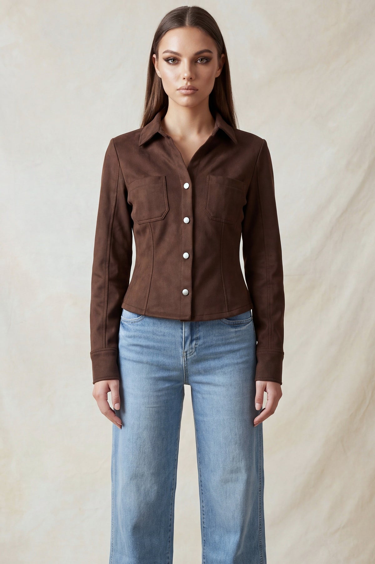 Camisa Entallada de Gamuza Sintética - Café oscuro