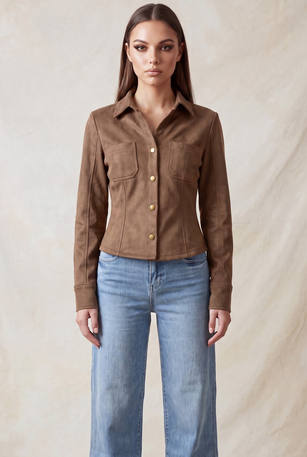 Camisa Entallada de Gamuza Sintética - Taupe