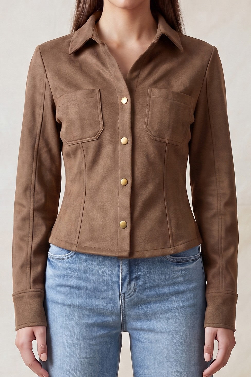 Camisa Entallada de Gamuza Sintética - Taupe