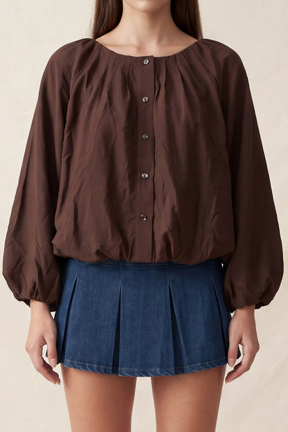 Blusa Fluida con Mangas Abullonadas - Café
