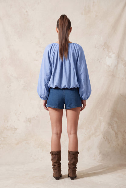 Blusa Fluida con Mangas Abullonadas - Azul claro