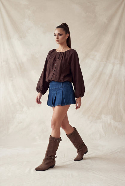 Blusa Fluida con Mangas Abullonadas - Café