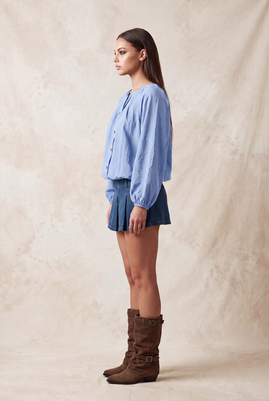 Blusa Fluida con Mangas Abullonadas - Azul claro