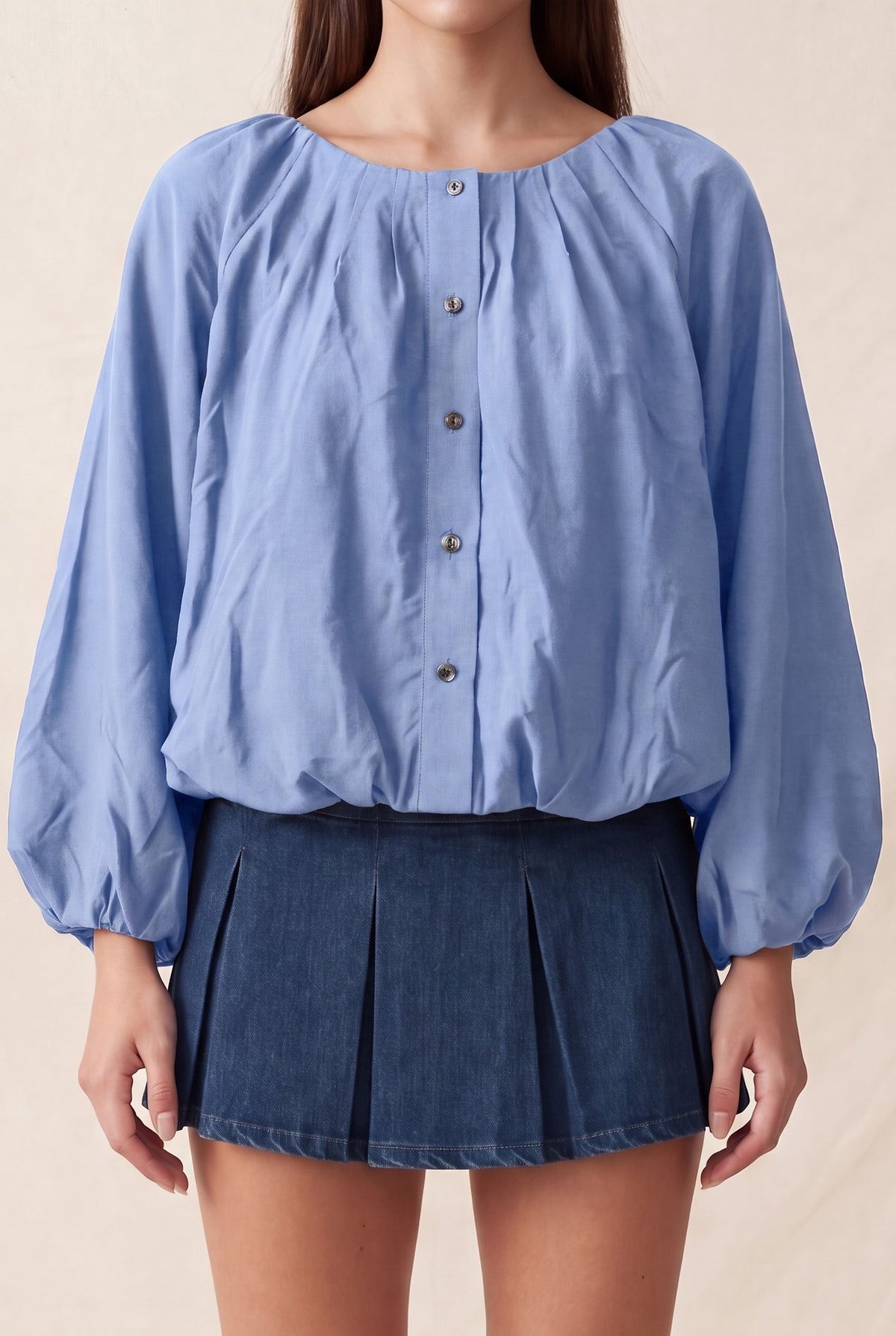 Blusa Fluida con Mangas Abullonadas - Azul claro