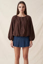 Blusa Fluida con Mangas Abullonadas - Café