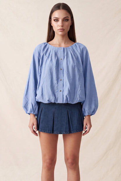 Blusa Fluida con Mangas Abullonadas - Azul claro