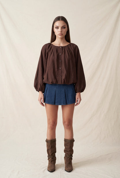 Blusa Fluida con Mangas Abullonadas - Café