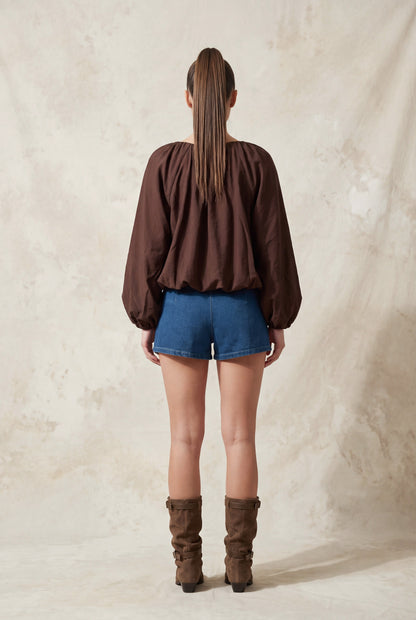 Blusa Fluida con Mangas Abullonadas - Café