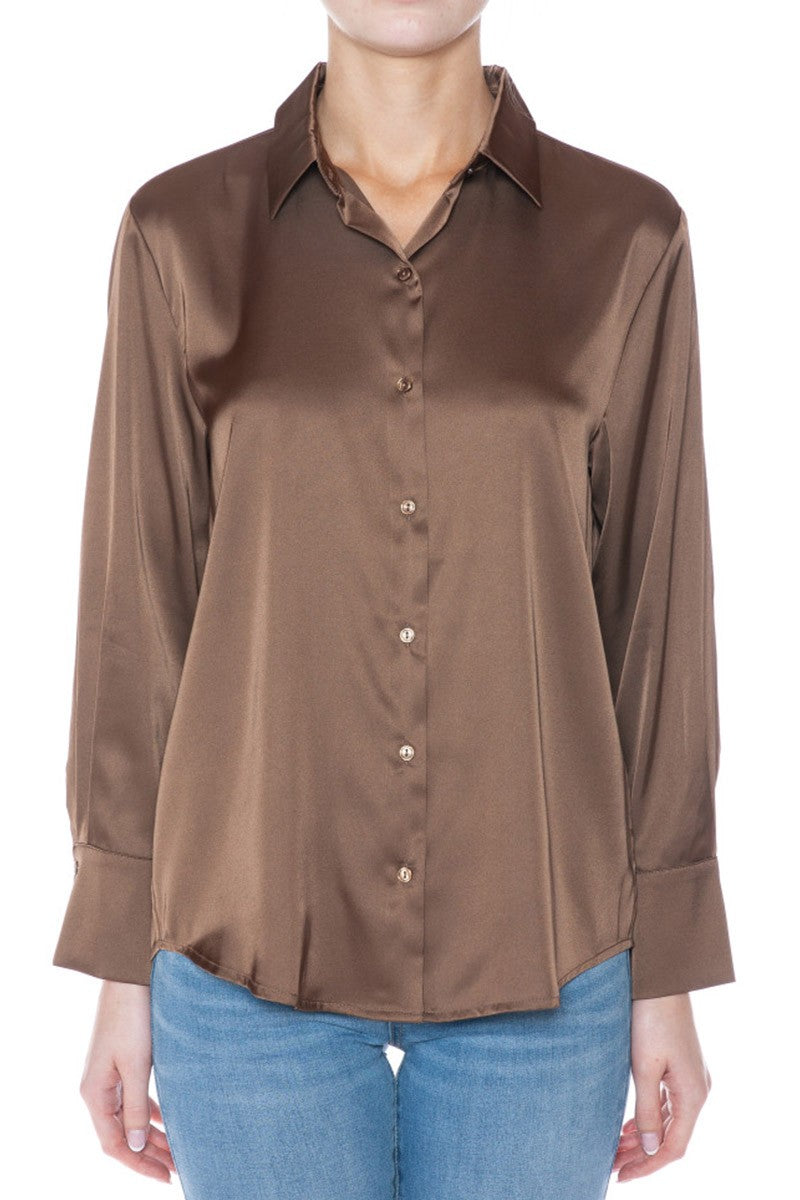 Camisa de Satín Manga Larga - Café