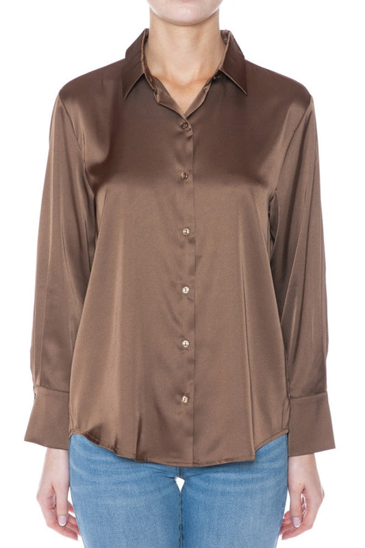 Camisa de Satín Manga Larga - Café