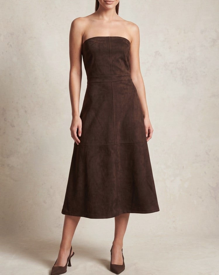 Vestido midi tubo faux suede café oscuro