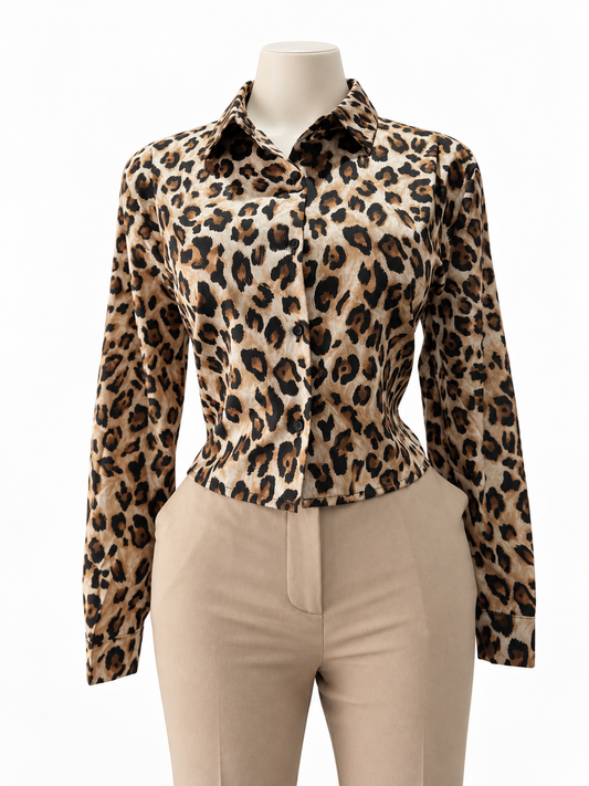 Camisa de Satín Leopardo Manga Larga