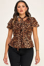 Blusa Peplum Estampada con Olanes y Cuello Mascada - Leopardo café