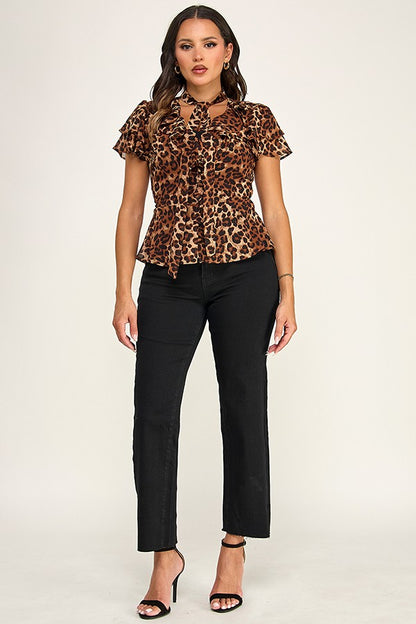 Blusa Peplum Estampada con Olanes y Cuello Mascada - Leopardo café